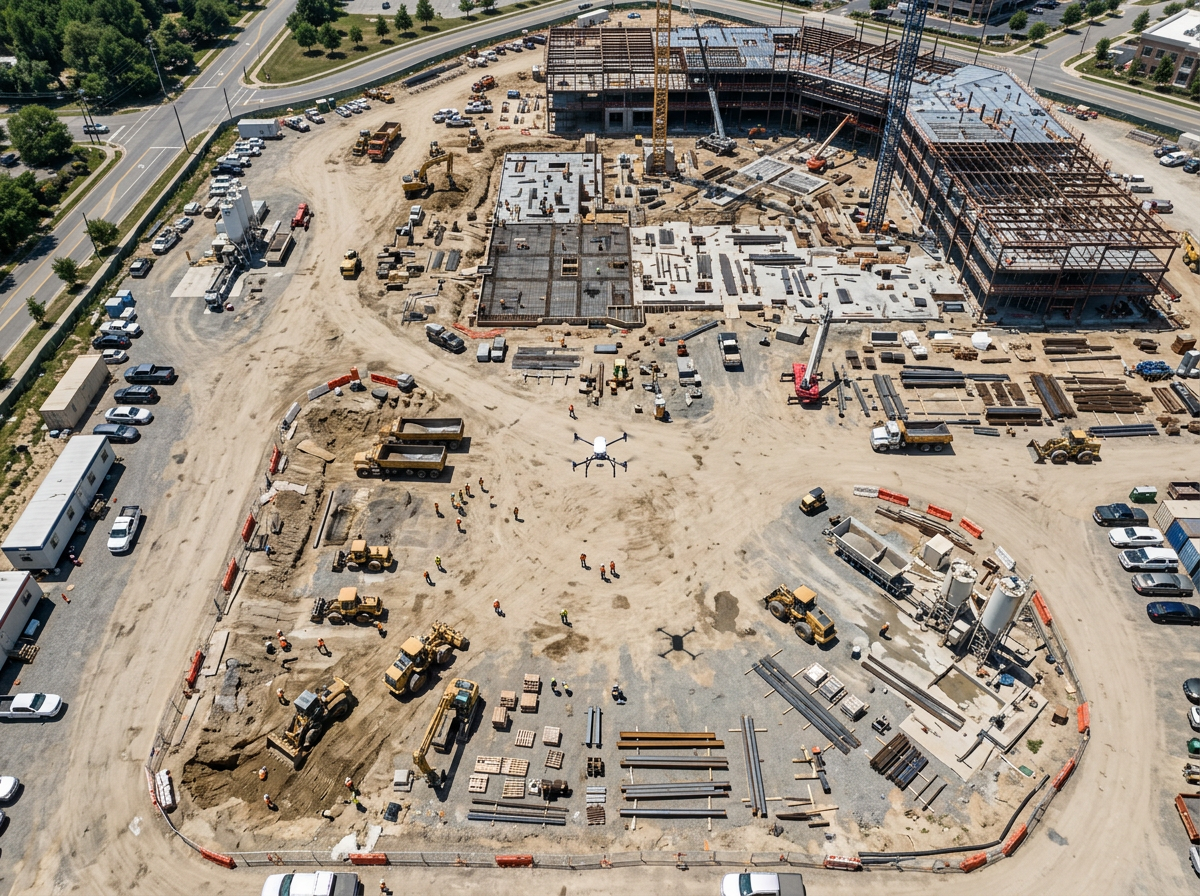 Drone flying over construction site
